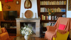 A living room with a fireplace, a bookshelf, a television, and a yellow armchair.