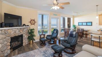TV, fireplace, DVD player, books