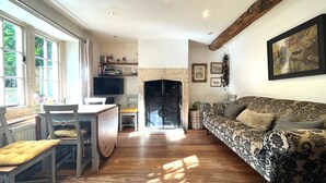 Un salón amplio con chimenea, suelo de madera, un sofá y un televisor.