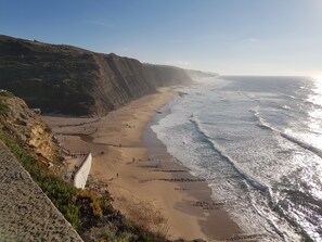 Un paysage côtier avec une plage de sable, des falaises et des vagues de l’océan.