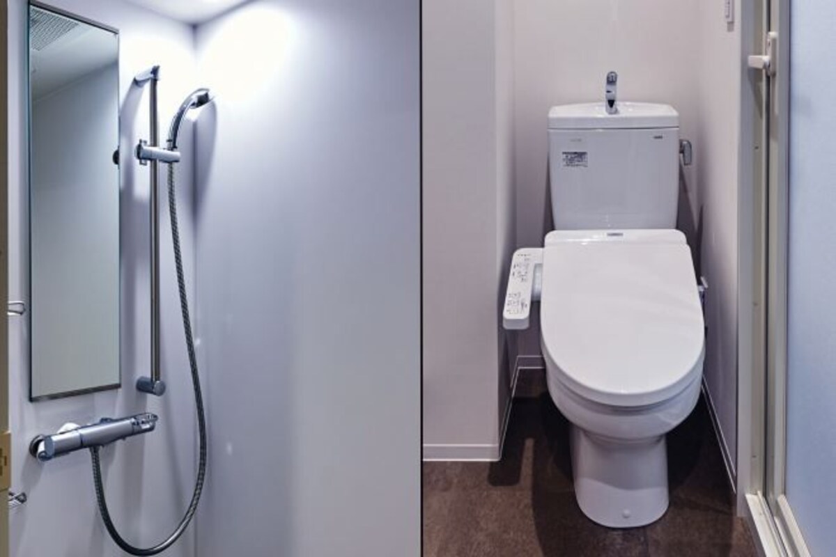 A bathroom with a toilet, a bidet, and a shower.
