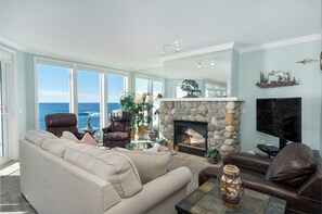 Smart TV, fireplace, DVD player, books