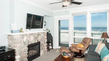 Smart TV, fireplace, DVD player, video library