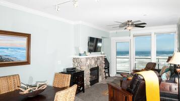 Smart TV, fireplace, DVD player, video library