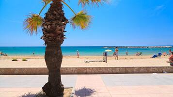 Una playa con una palmera, un muro de piedra y un muelle al fondo.