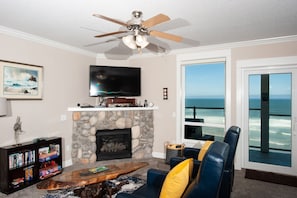 Smart TV, fireplace, DVD player, books
