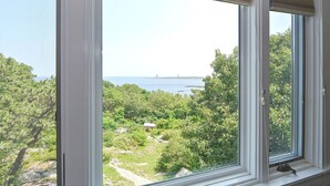 A window with a view of a coastal landscape, including trees and a body of water.