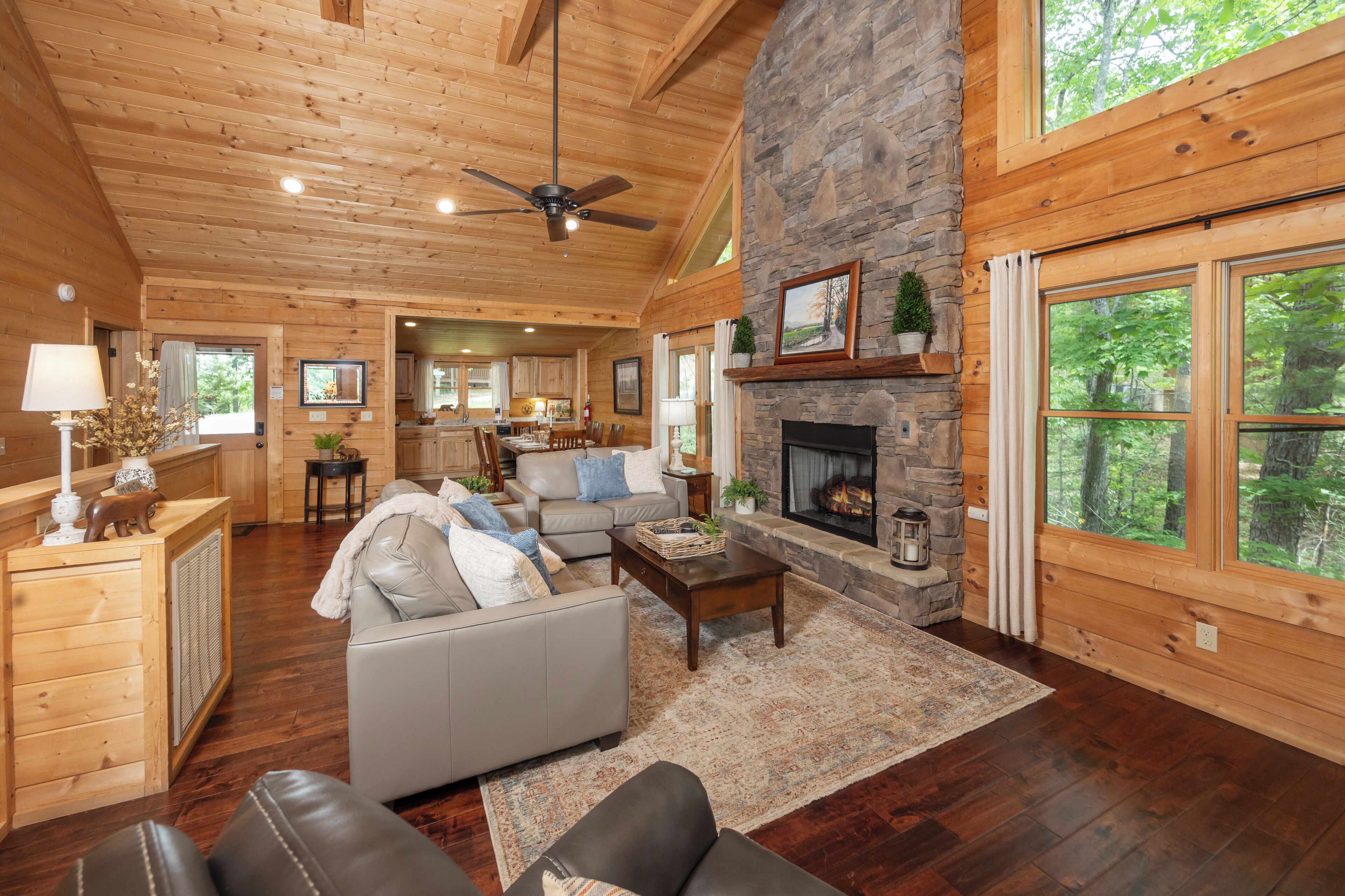 Flat-screen TV, fireplace, video games, DVD player