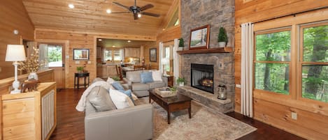 Flat-screen TV, fireplace, video games, DVD player