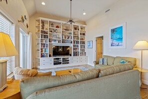 TV, foosball, books, video library