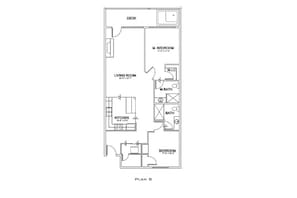 A floor plan labeled "PLAN B" with a living room, kitchen, two bedrooms, a bathroom, and a WC.