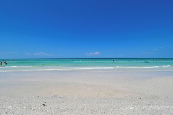 A beach with clear turquoise water and a sandy shore. - Spectacular Beach View Steps from Siesta Key Beach! (Sarasota)