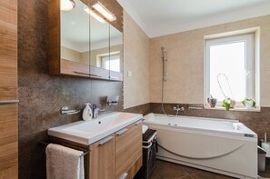 Bañera con ducha, secador de pelo, toallas