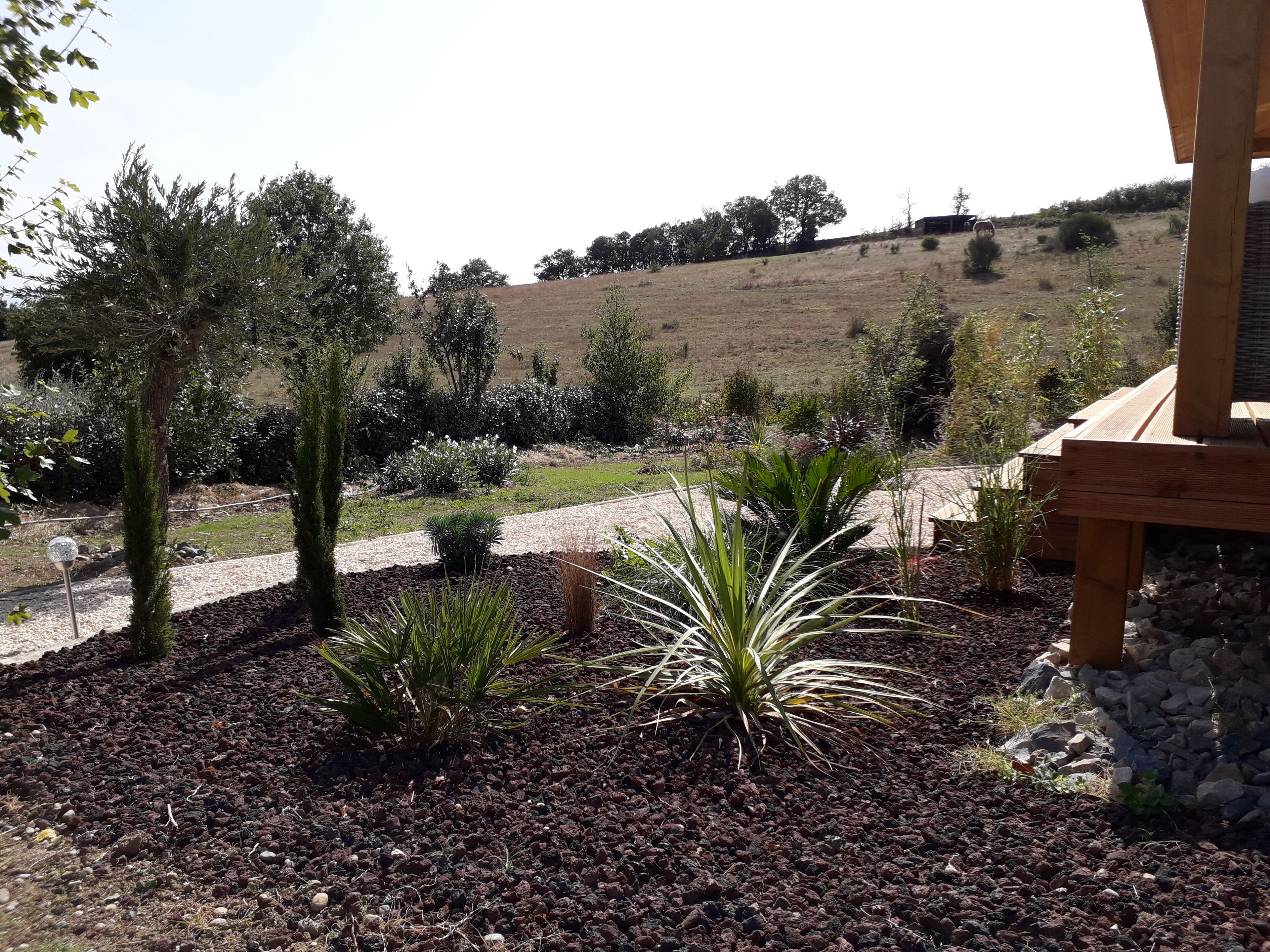 A landscaped garden with a gravel path, various shrubs, and a wooden pergola structure.