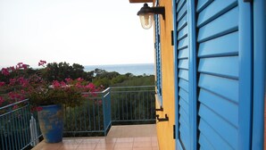 Ein Balkon mit Meerblick, ein Blumentopf mit rosa Blüten und ein blaues Gebäude.