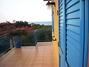 Ein Balkon mit Meerblick, ein Blumentopf mit rosa Blüten und ein blaues Gebäude.