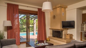 Un salon moderne avec une cheminée, un téléviseur et une vue sur une piscine.