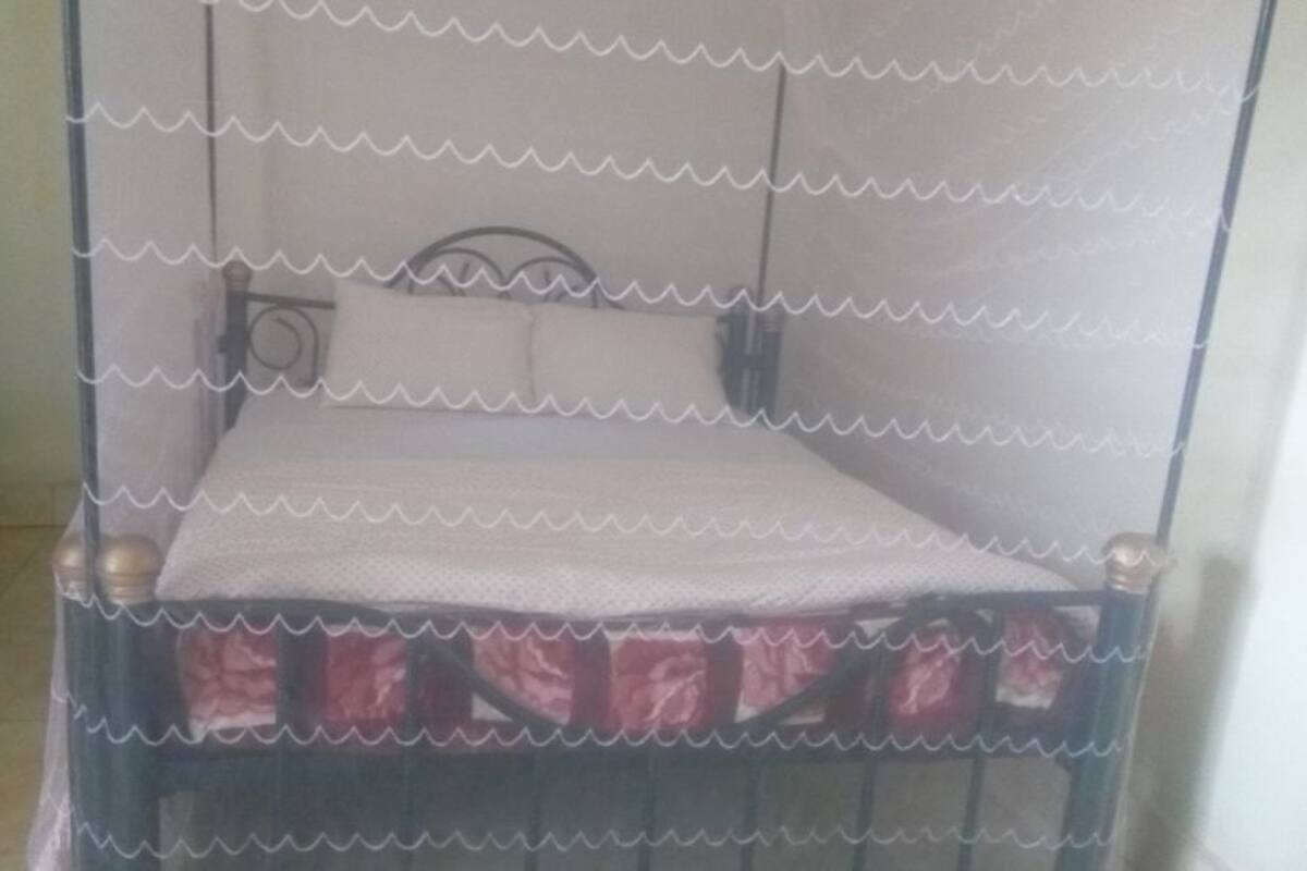 A single bed with a metal frame and a mosquito net.