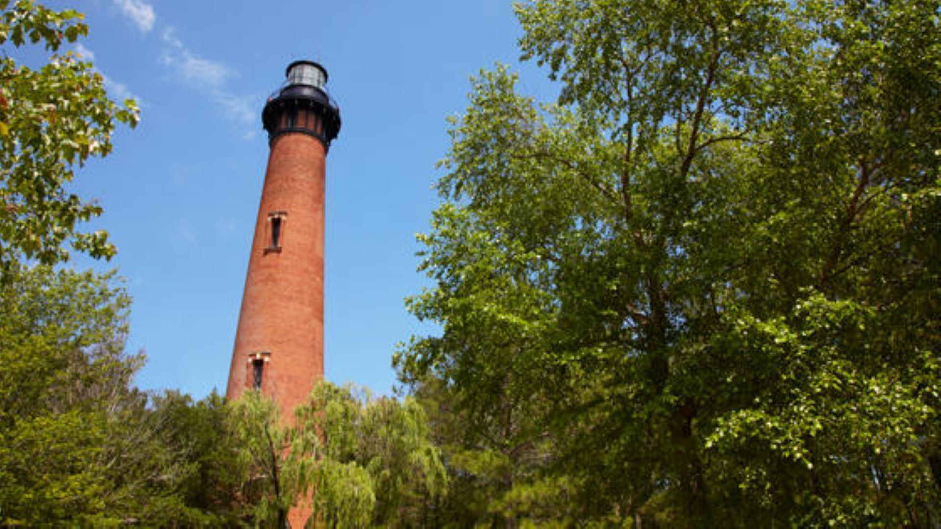 Ein hoher, aus Backstein erbauter Leuchtturm, umgeben von üppigen, grünen Bäumen.