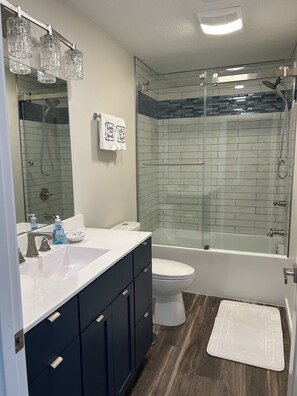 Bathtub, hair dryer, towels, toilet paper