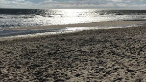 Ein Strand mit Sand und Wellen unter einem teils bewölkten Himmel.