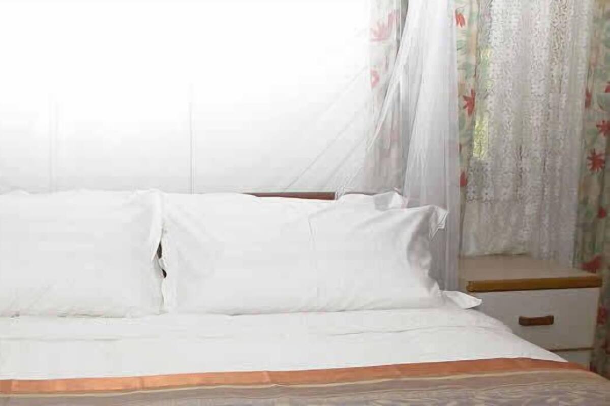 A bed with white bedding, a bedside table with a lamp, and a phone.