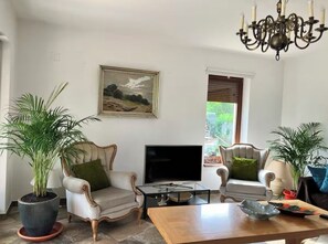 TV connectée, cheminée, table de tennis de table, livres