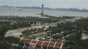 A coastal area with a prominent lighthouse, a promenade lined with palm trees, and a view of the sea and distant mountains. - Padama Hotel (Bai Chay)