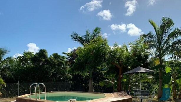 A wooden hot tub with steps, surrounded by a gravel area and grass, with palm trees and a clear sky in the background. - F3 FROM 2 TO 6 BEDS 10 MN BEACH BOURG DE SAINTE ANNE (SAINTE ANNE)