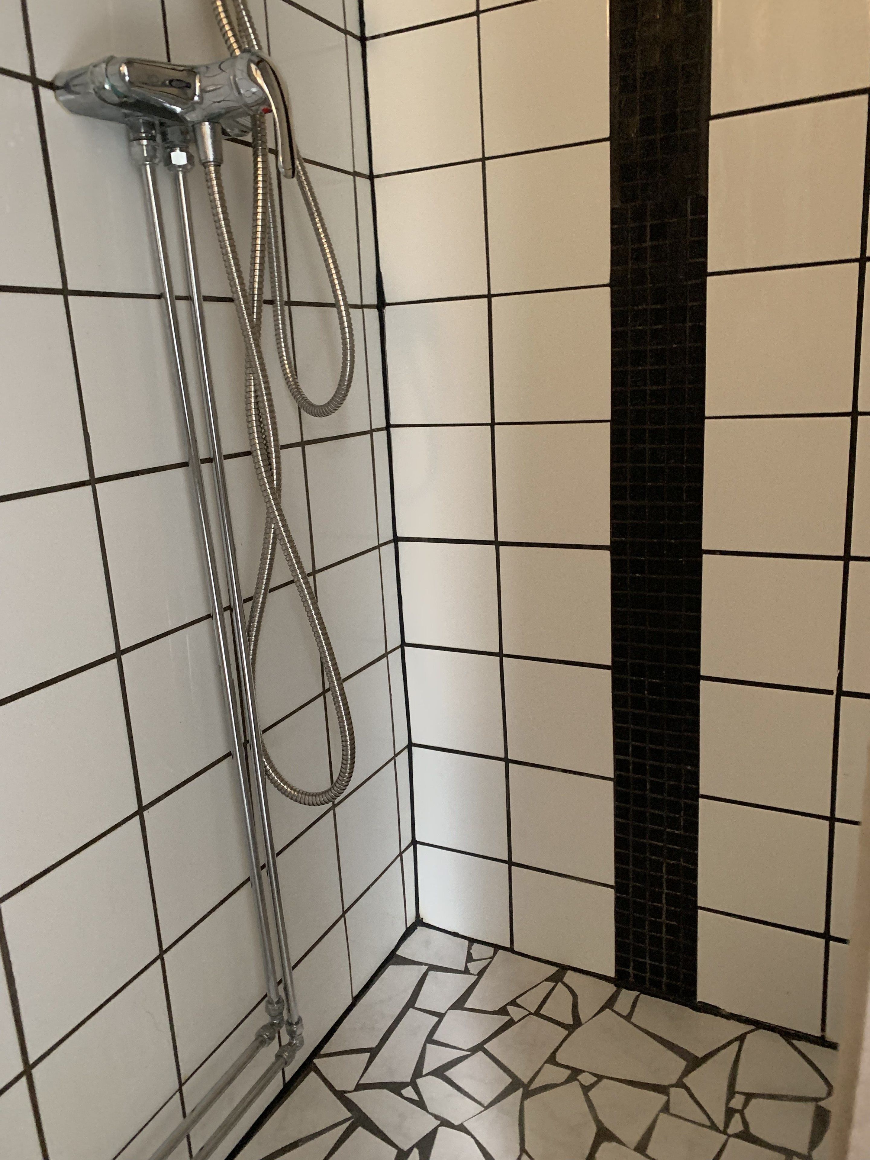 A shower with a handheld showerhead and a handheld hose, tiled walls, and a mosaic tile floor.
