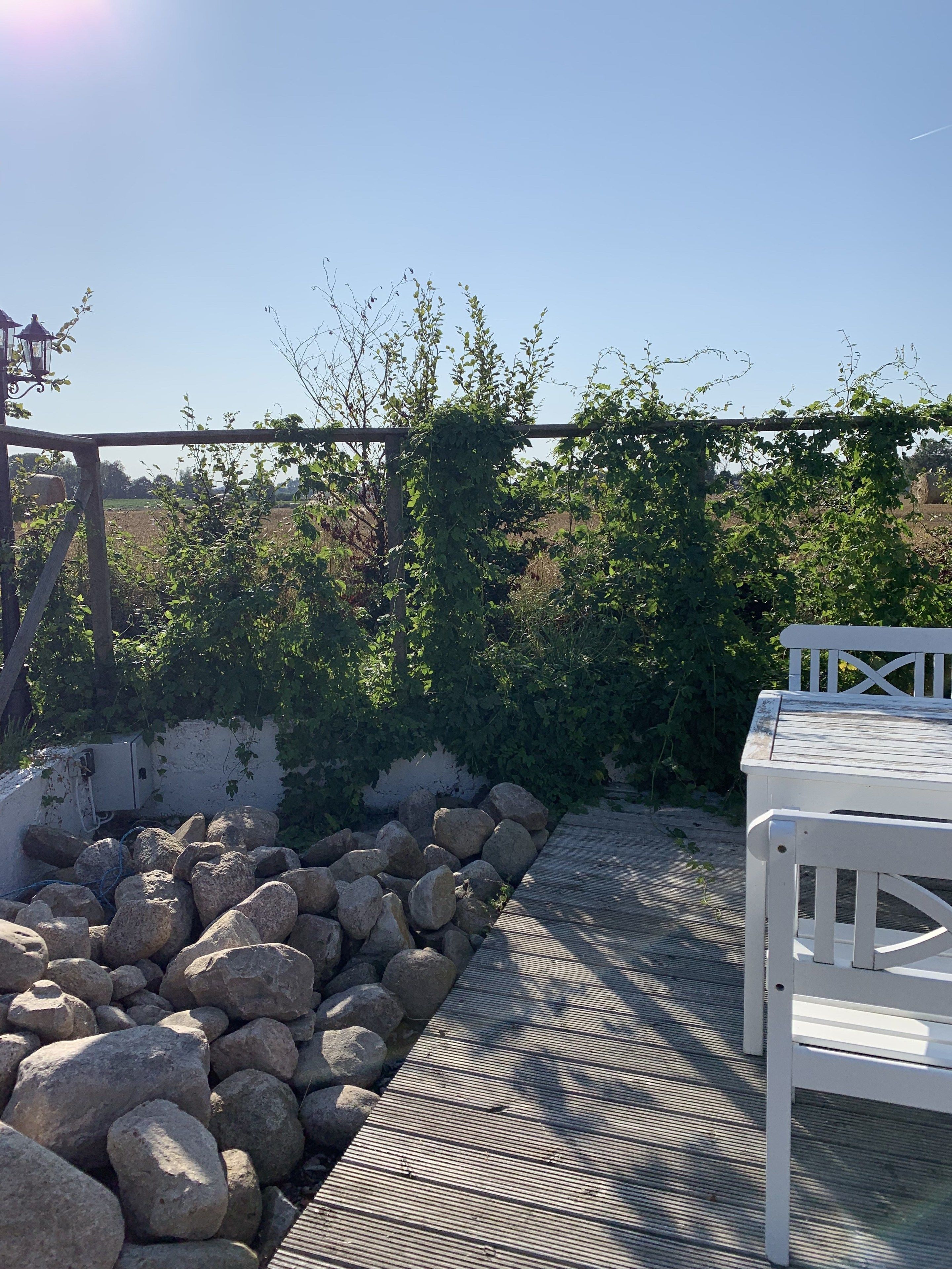 A wooden deck with a white bench, surrounded by a stone wall and greenery.