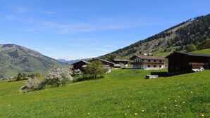 Un village de montagne isolé, avec ses maisons traditionnelles en bois, un ciel dégagé et un paysage verdoyant luxuriant.