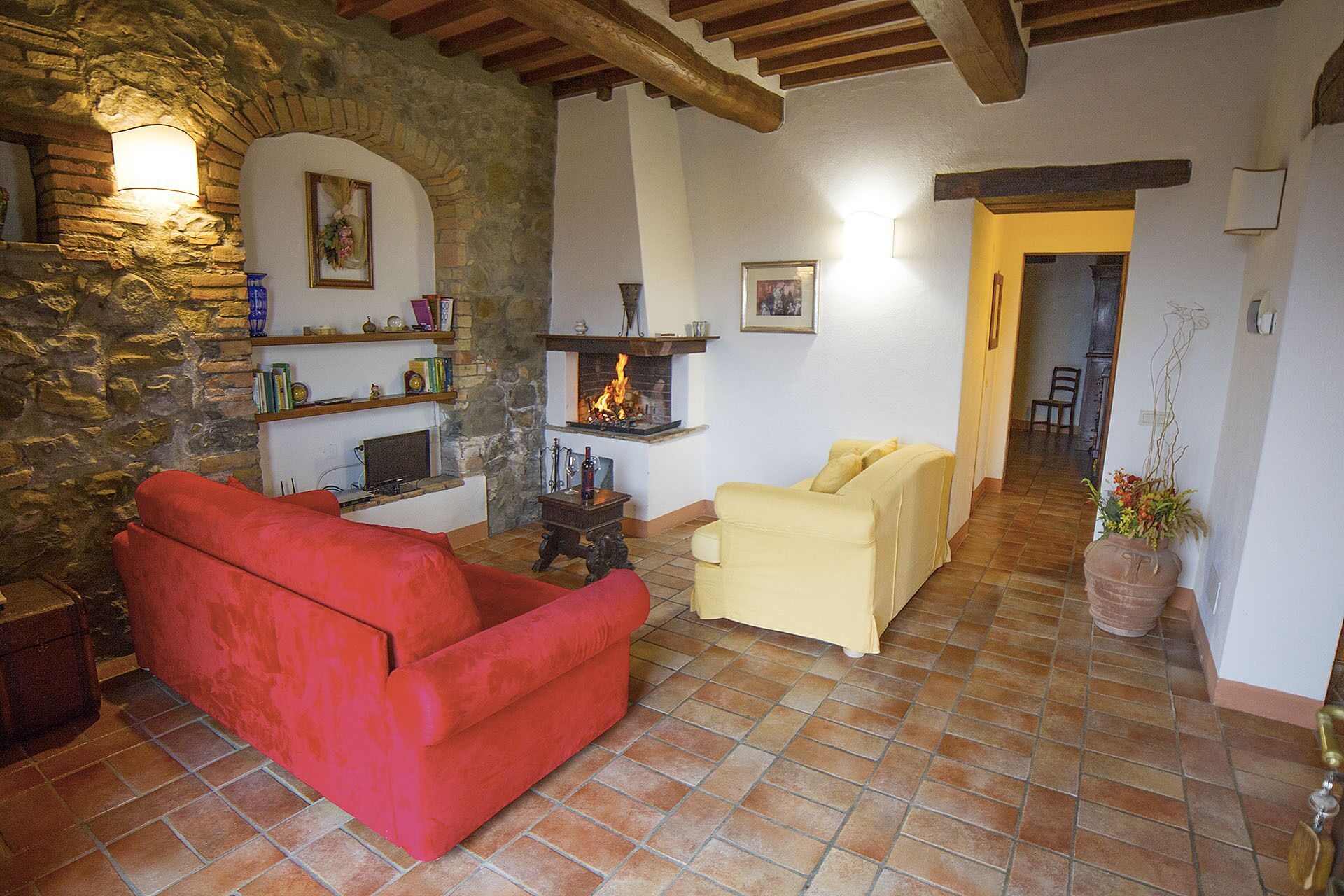 TV, fireplace, books