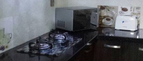 Fridge, microwave, stovetop, toaster