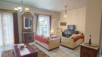 TV, DVD player, books, video library