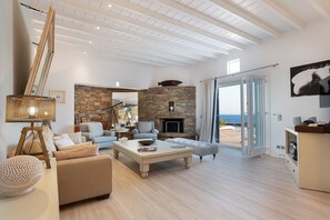 Smart TV, fireplace, books, stereo