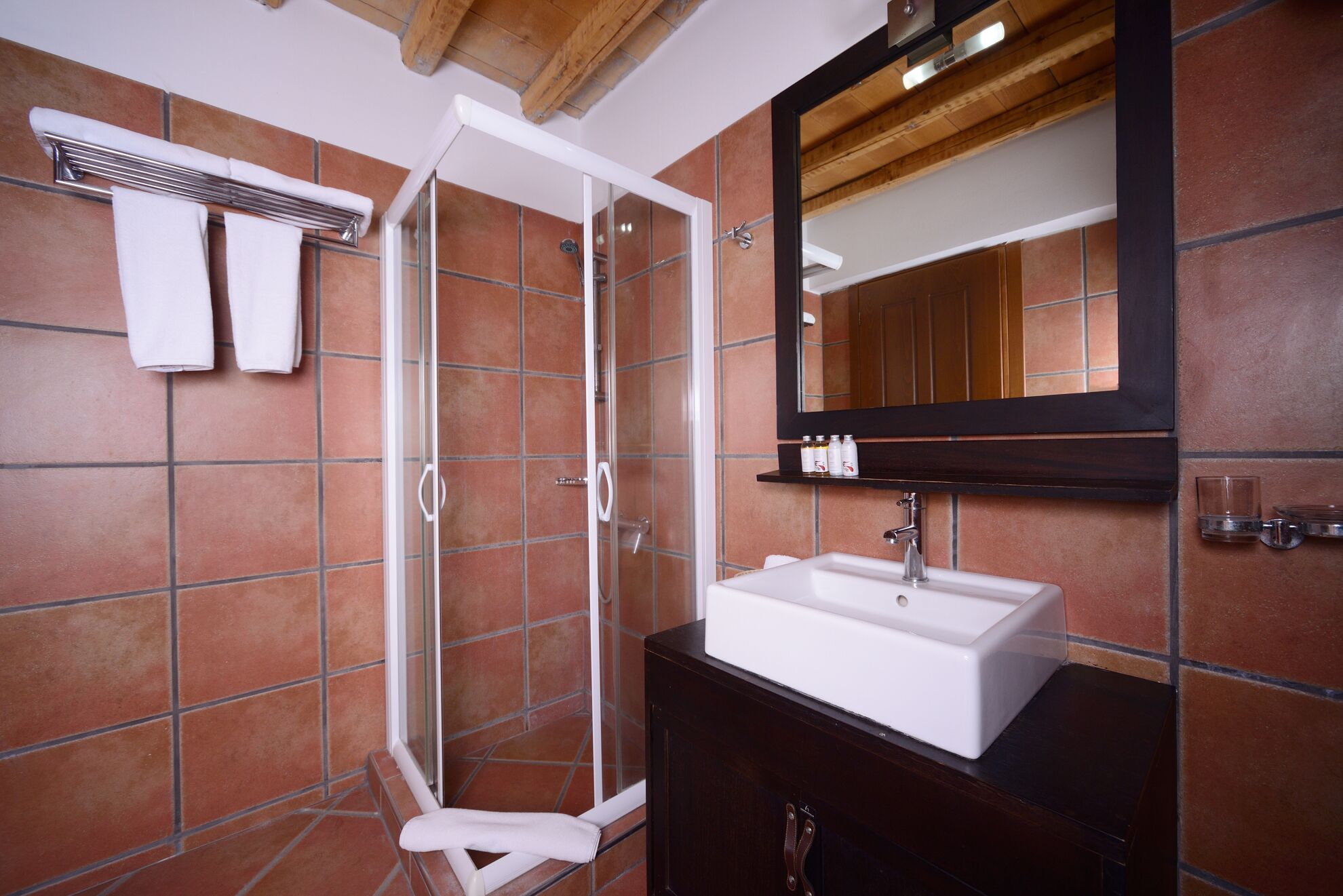 Suihku, hiustenkuivaaja, pyyhkeet, saippua