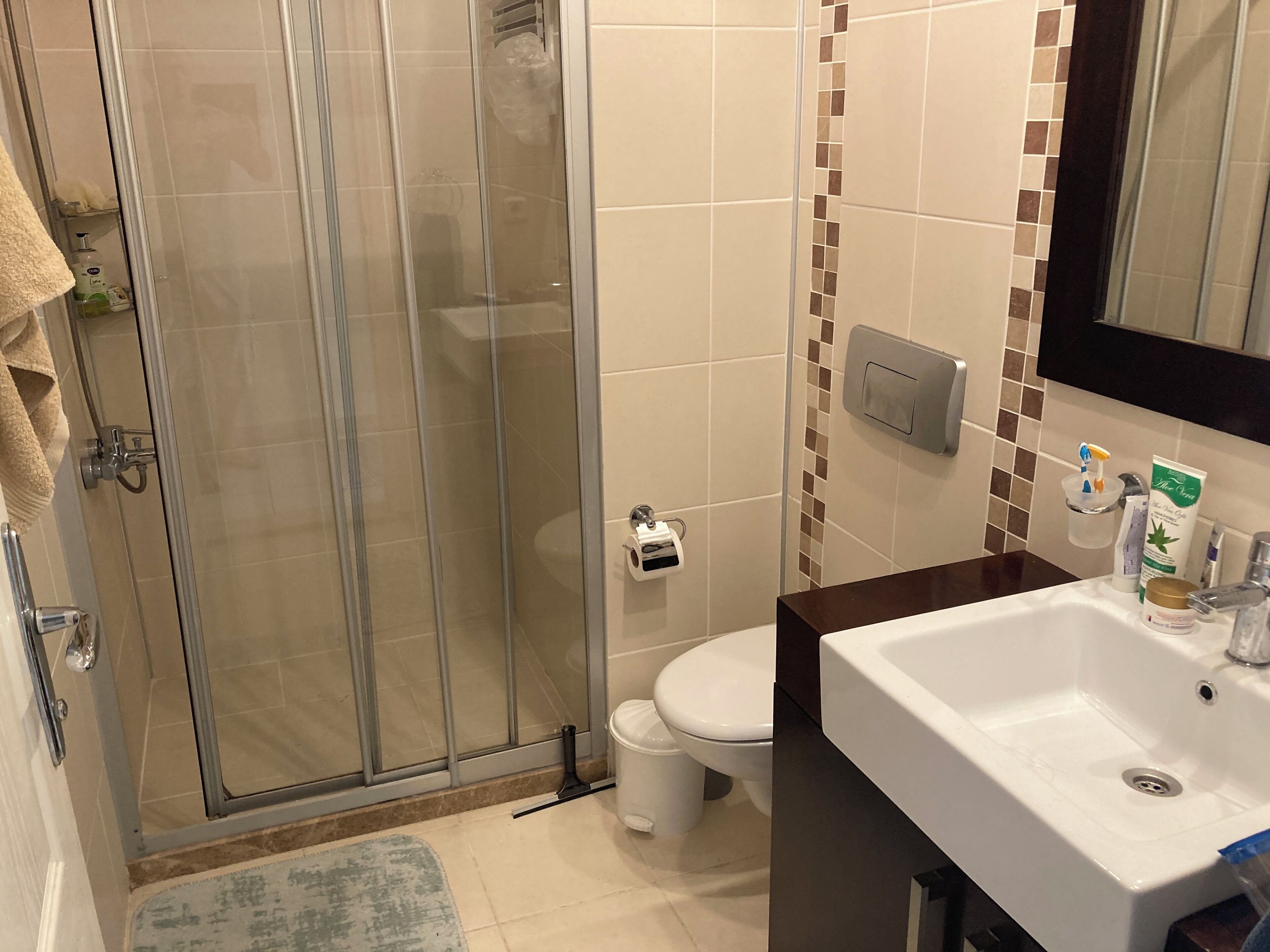 Een badkamer met een douchecabine van glas, een toilet, een wastafel en een spiegel.