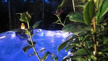 Un jacuzzi rodeado de follaje.