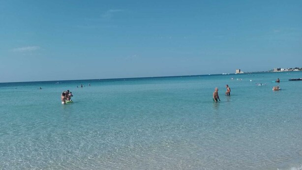 A beach with clear water and people swimming.
