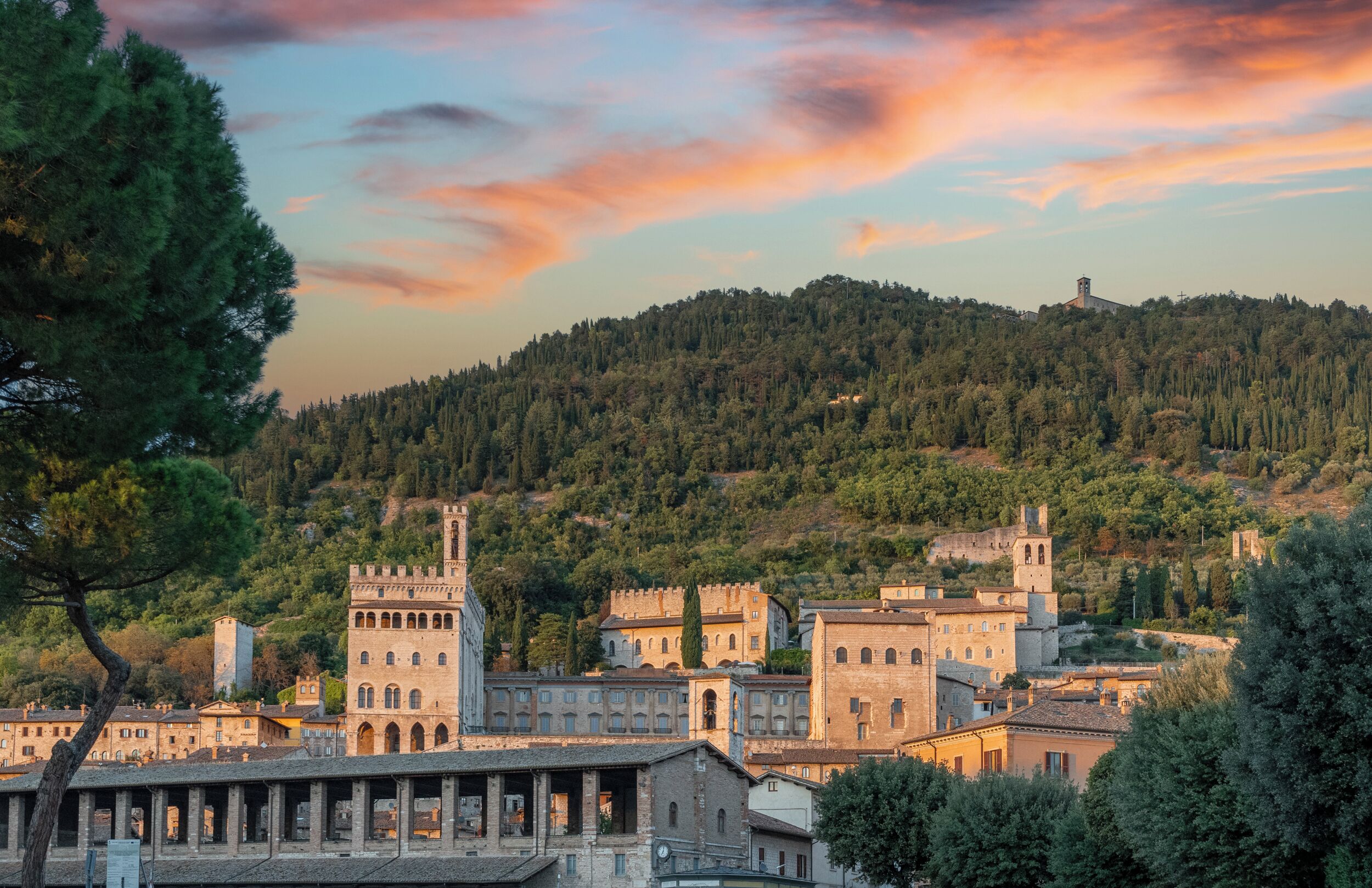 A historic town with medieval architecture, including a prominent tower and a fortified building.