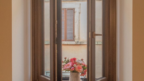 Una ventana con contraventanas abiertas, un radiador debajo y una planta en maceta con flores.