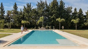 Ein rechteckiger Swimmingpool mit glasklar blauem Wasser, umgeben von einer gepflasterten Liegefläche. In der Nähe des Poolrandes befinden sich Liegestühle und eine kleine Bank.