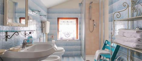 Shower, hair dryer, bidet, towels