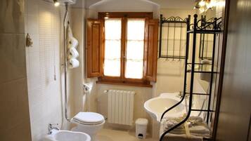 Combined shower/bathtub, hair dryer, bidet, towels