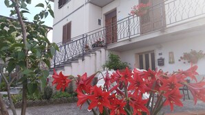 Un edificio de varios pisos con balcones, una escalera y plantas en macetas.