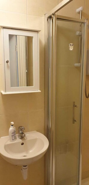 Une salle de bain avec une douche à parois de verre, un lavabo blanc doté d’un distributeur de savon et un miroir au-dessus du lavabo.