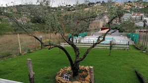 A backyard with a tree, a white fence, and a view of a residential area in the background. - Vacation Home Villa Tropia (Camastra)