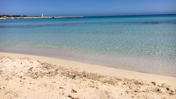 Ein Strand mit klarem, türkisblauem Wasser, einem sandigen Ufer und einem Leuchtturm in der Ferne.