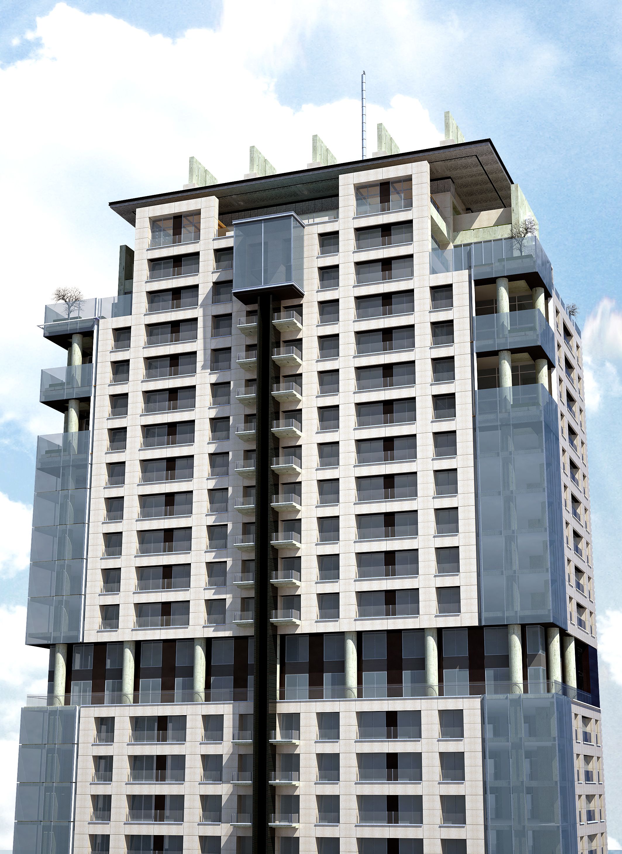 A high-rise building with multiple balconies and a central elevator shaft.